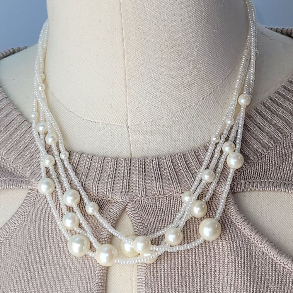 Vintage Signed Trifari Cream/White Lucite Pearls 4 Strand 18" Necklace